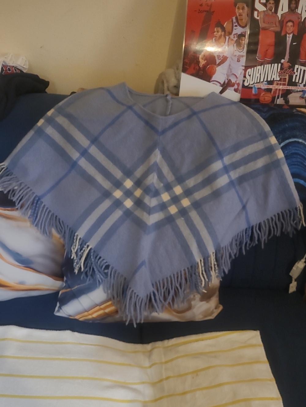 Light Blue Plaid Fringe Burberry Poncho